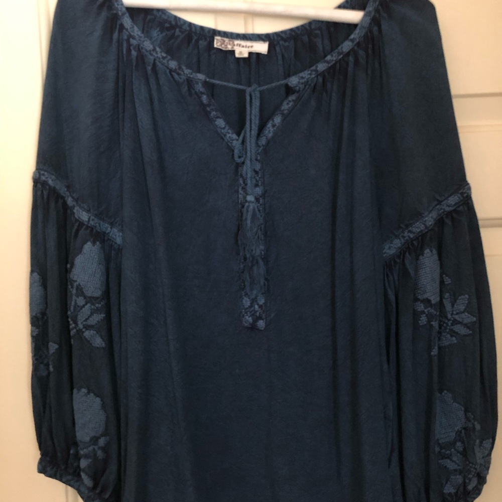 Blue 3/4 Sleeve Tie Front Blouse with Relaxed Fit